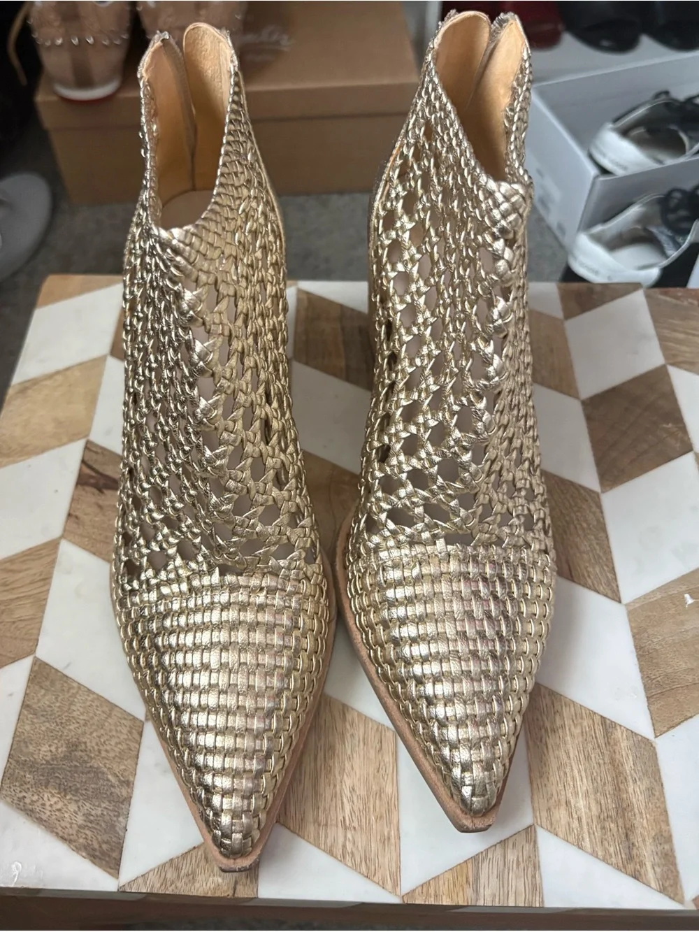 PAIGE Gold Woven Pointed Ankle Booties